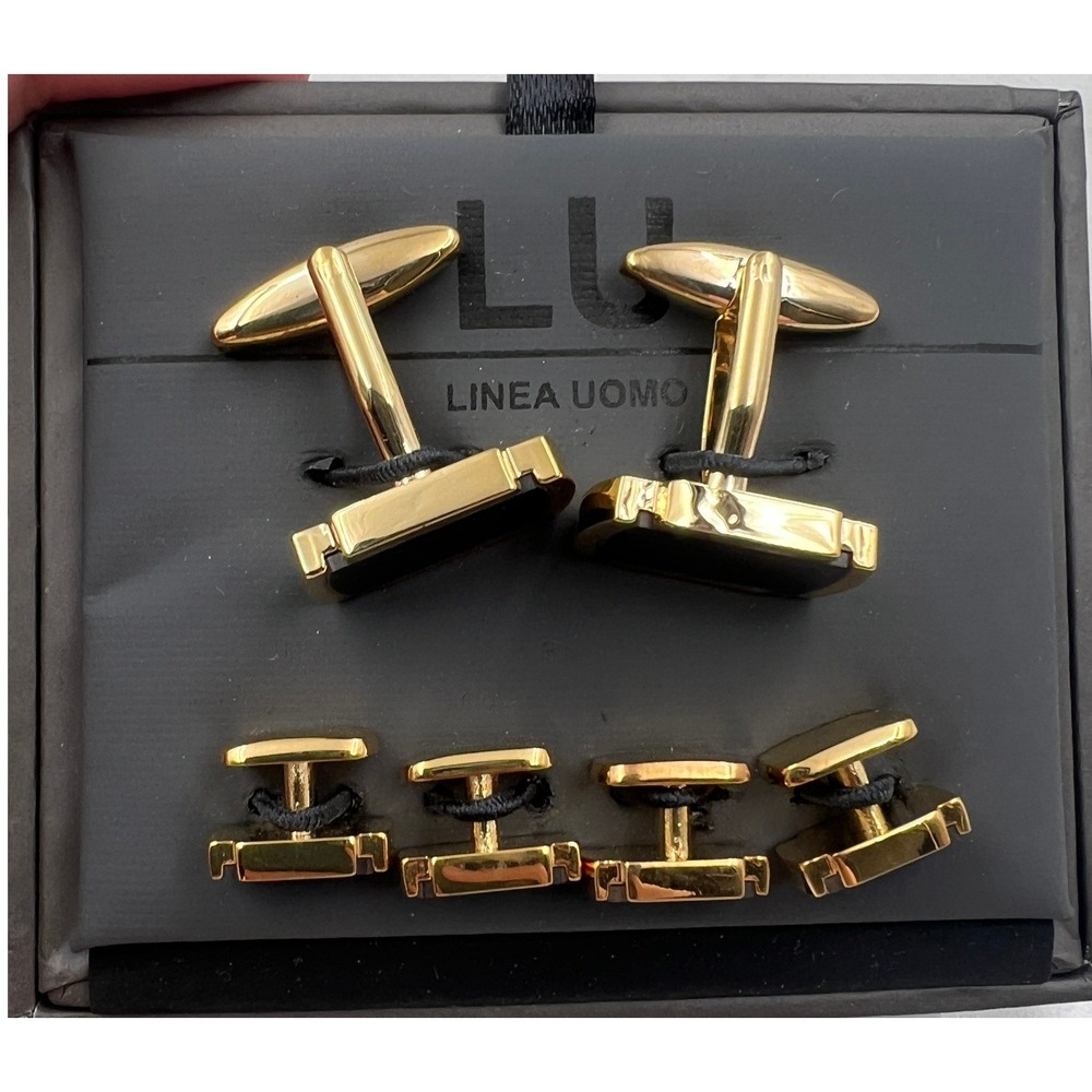 Linea Uomo Cufflinks & Stud Set Men's Gold Tone Black Rectangular NIB